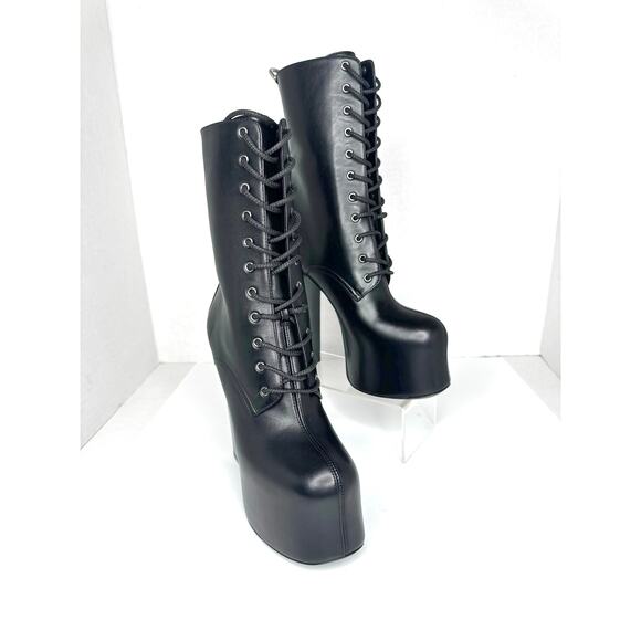 Saint Laurent Black Cherry Leather Platform Ankle Boots lace-up Designer EU 36.5 - Picture 5 of 14